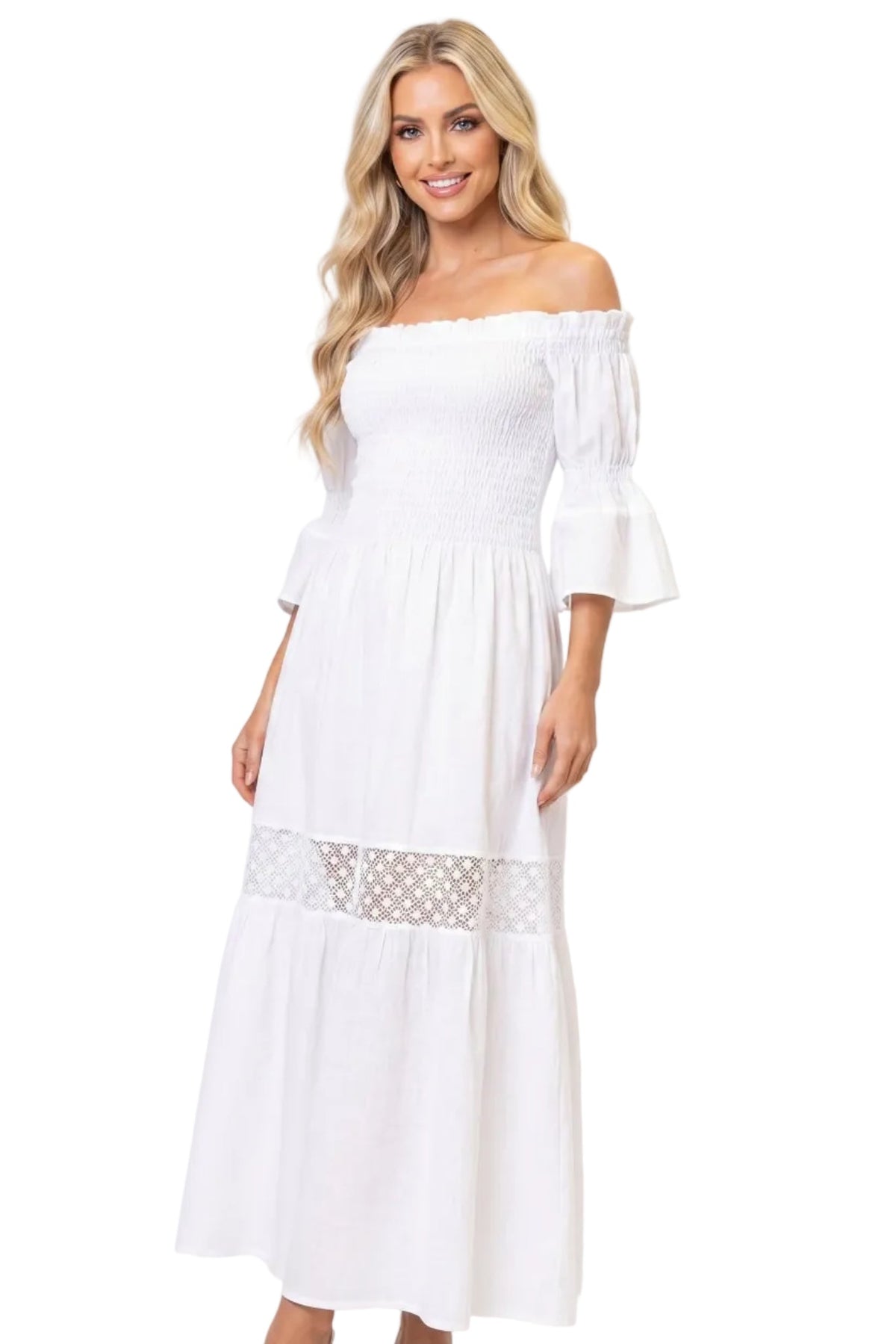 Abito Lungo in Puro Lino e Macrame’ Bianco - Nanà Positano