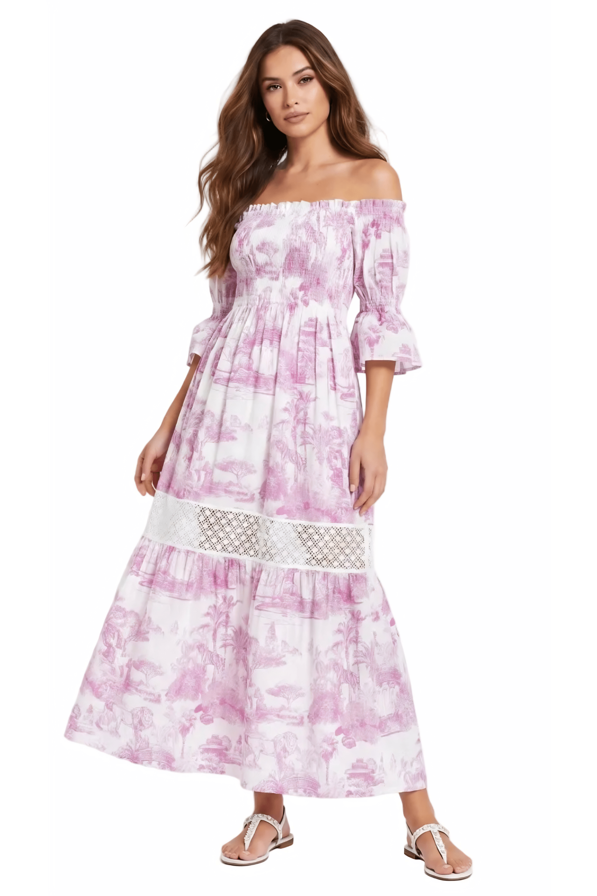 Abito Positano Lungo in Puro Lino con Stampa Rosa Toile de Jouy e fascia Macrame’ - Nanà Positano | Sandali Artigianali Positano Realizzati A Mano