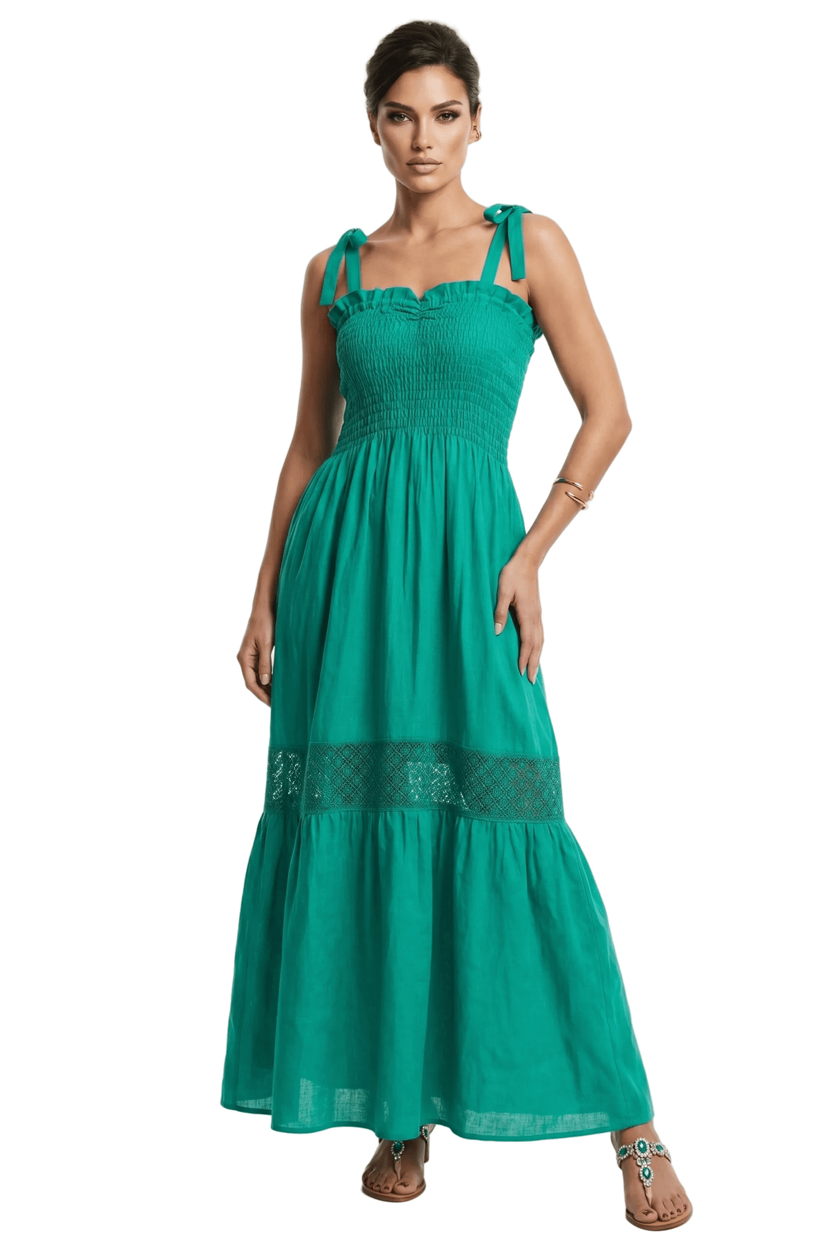 Abito Positano Lungo in Puro Lino e fascia Macramè Verde Smeraldo Ariel - Nanà Positano