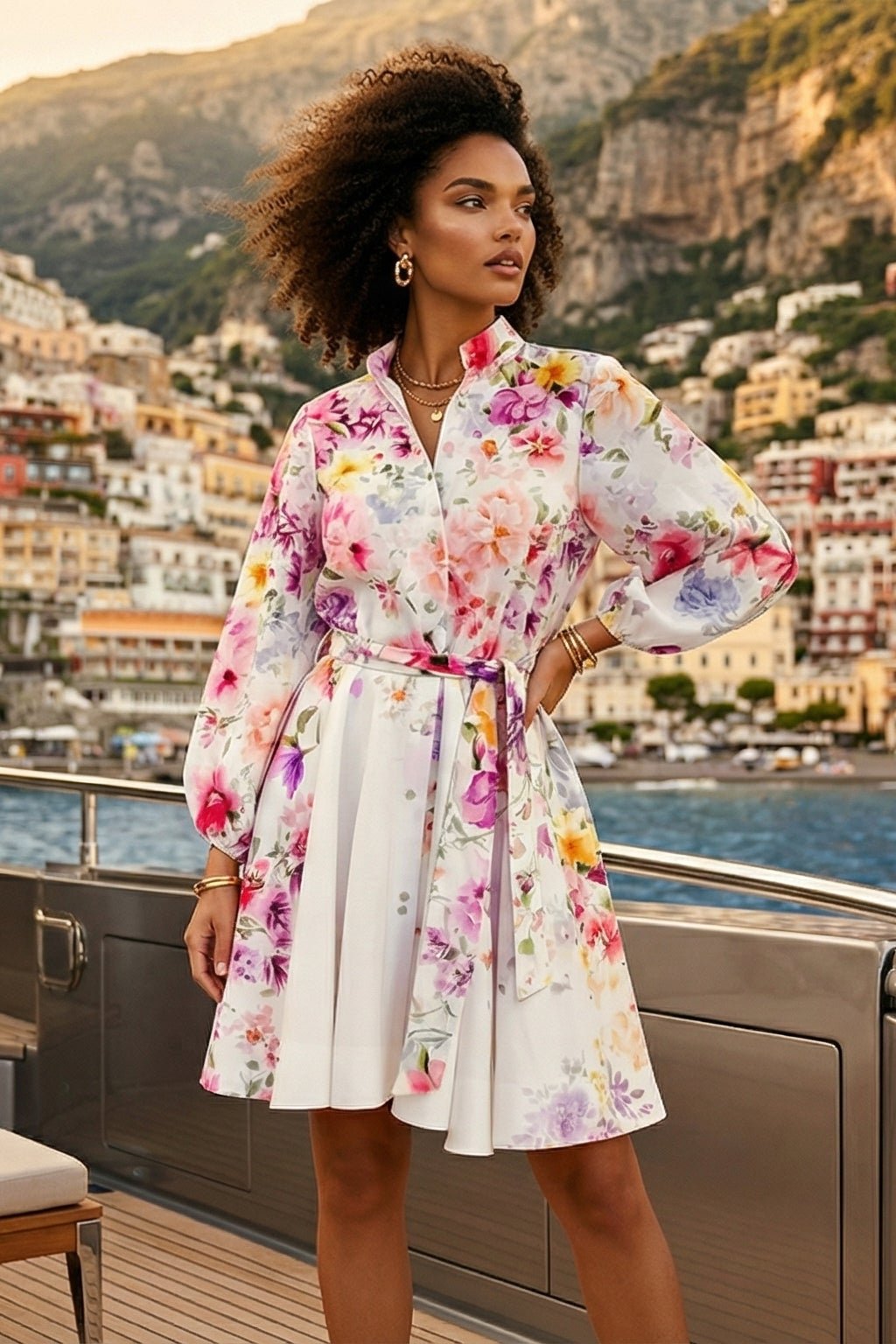 Abito Positano Melany in Puro Lino con Stampa Floreale - Nanà Positano