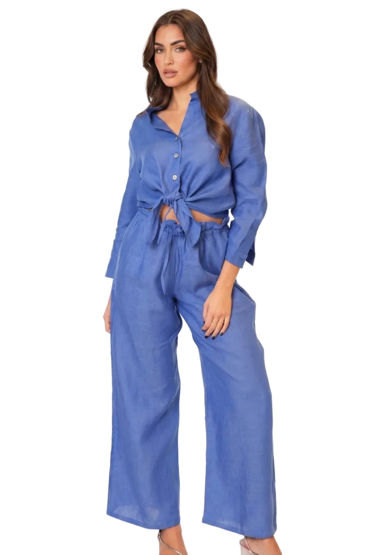 Completo Camicia Nodo Positano in Puro Lino Blue Royal - Nanà Positano